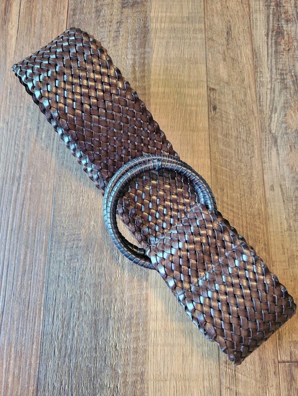 Vintage Style Brown Woven Belt with Circular Ring Buckle